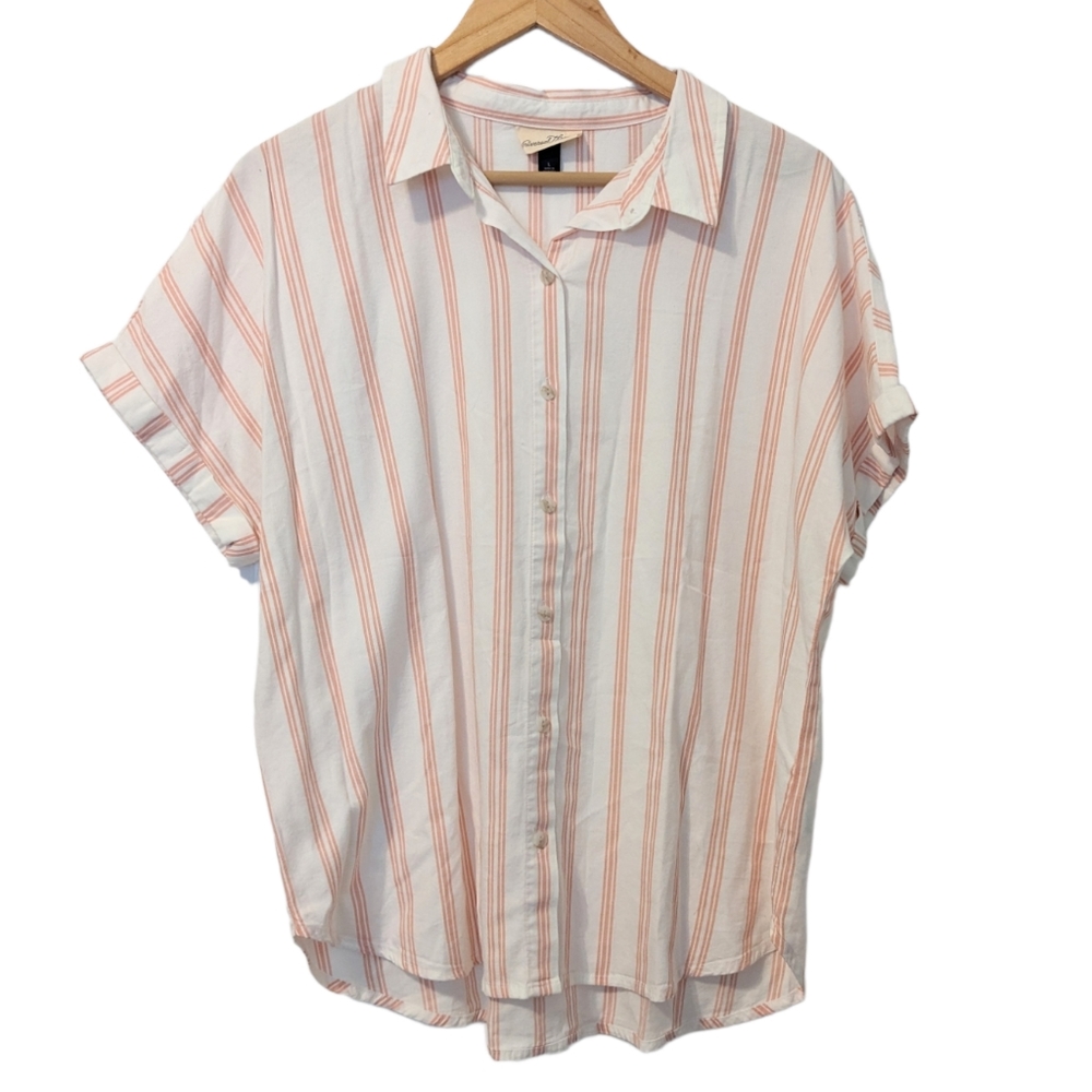 Universal Thread Dolman Button Up Short Sleeve Striped Top Pink White Large